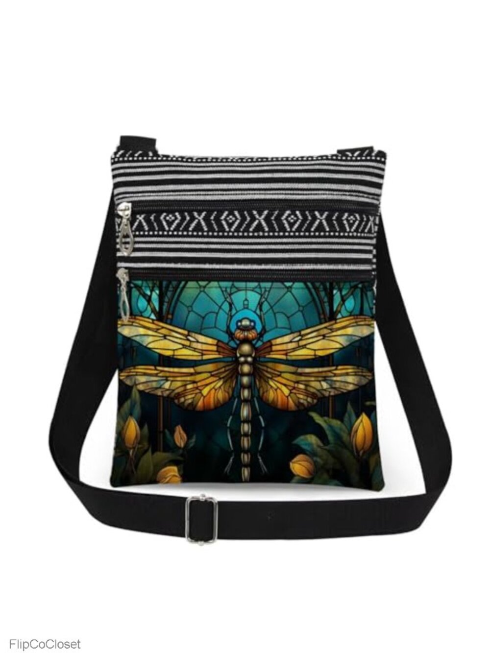 Polyester Dragonfly Crossbody Bag Adjustable Strap Double Zipper Sling